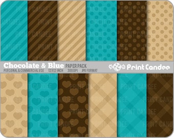 Chocolate & Blue Paper Pack (12 Sheets) - Personal and Commercial Use - polka dot hearts tartan stripe brown