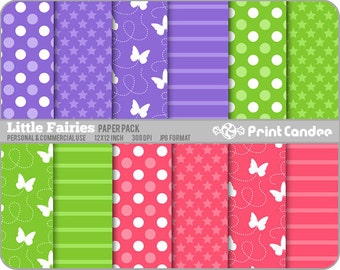 Little Fairies Paper Pack (12 Sheets) - Personal and Commercial Use - purple green pink butterflies stripes dots