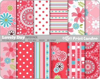 Lovely Day Paper Pack (12 Sheets) - Personal and Commercial Use - blue pink modern sweet cute pretty dots circles flowers