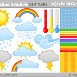 May include: A set of colorful weather symbols clipart, including a sun, rainbow, clouds, rain, snow, wind, lightning, and thermometers. The clipart is perfect for creating weather-themed crafts, projects, and educational materials.