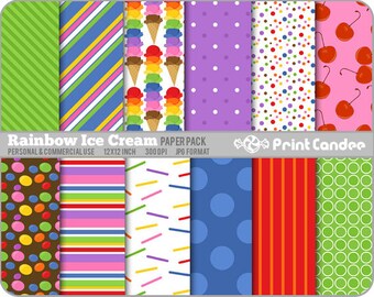 Rainbow Ice Cream Paper Pack (12 Sheets) - Personal and Commercial Use - pink purple red dots stripes green yellow