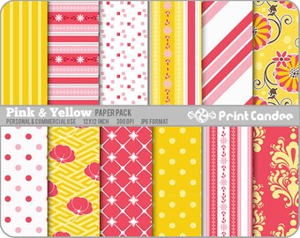 Pink & Yellow Paper Pack (12 Sheets) -  Personal and Commercial Use 12 x 12 sheets Digital Collage Background Sheet