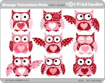 Grunge Valentines Owls - Digital Clip Art - Personal and Commercial Use - valentines day grunge shabby chic