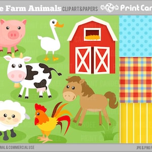 Cute Farm Animals Digital Clip Art Personal and Commercial Use barnyard animals cow barn rooster horse pig image 1