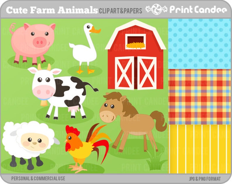 Cute Farm Animals Digital Clip Art Personal and Commercial Use barnyard animals cow barn rooster horse pig image 1