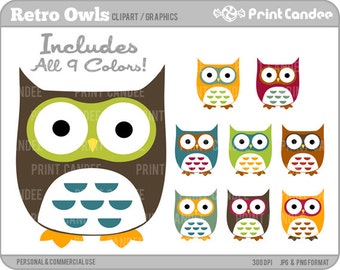 Cute Owls (Retro) - Digital Clip Art - Personal and Commercial - whimsical owls graphics, scrapbooking, card making, party