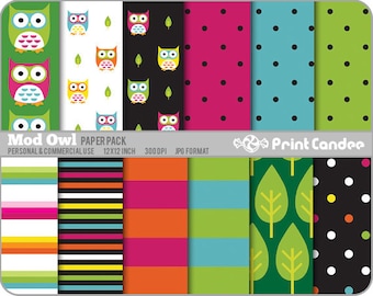 Mod Owl Paper Pack (12 Sheets) - Personal and Commercial Use - green blue red orange white dots stripes