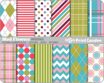 Mod Flowers Paper Pack (12 Sheets) -  Personal and Commercial Use - polka dot argyle stripe plaid