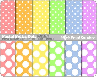 Pastel Polka Dots Paper Pack (12 Sheets) - Personal and Commercial Use - rainbow white circles colorful