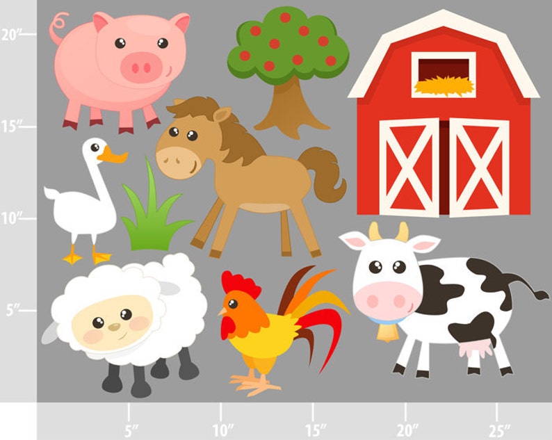 Cute Farm Animals Digital Clip Art Personal and Commercial Use barnyard animals cow barn rooster horse pig image 3