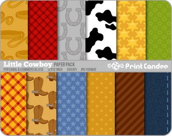 Little Cowboy Paper Pack (12 Sheets) - Personal and Commercial Use - cowboy boots sheriff star horse shoe