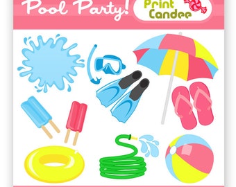 Pool Party - Digital Clip Art - Personal and Commercial Use - snorkel summer beach ball umbrella hose splash float