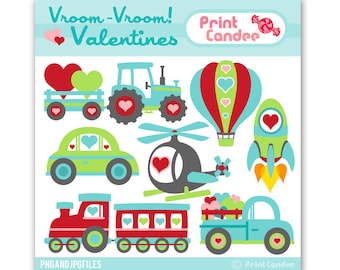 Vroom Vroom Valentines - Digital Clip Art - valentines day for boys cars trucks train transportation clipart