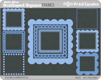 Scalloped Square Frames (Baby Blue) - Personal and Commercial Use - digital clipart frames clip art cute modern label