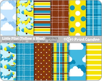 Little Pilot Yellow & Blue Paper Pack (12 Sheets) - Personal and Commercial Use - blue yellow airplanes clouds stripes