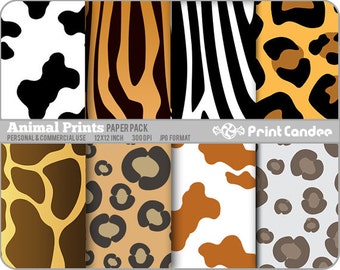 Animal Prints Paper Pack (8 Sheets) - Personal and Commercial Use - animal skin giraffe cheetah cow