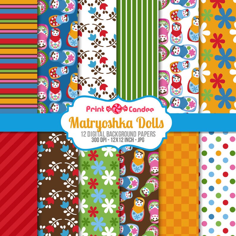 Matryoshka Dolls Paper Pack 12 Sheets Personal and Commercial Use blue orange green flowers dots checks image 2