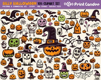 105 Silly Halloween Clipart Set - Digital Clip Art - Personal and Commercial Use Clip Art - doodles halloween witches pumpkins monster bats