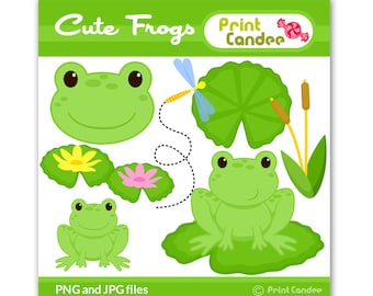 Cute Frogs - Digital Clip Art - Personal and Commercial Use - frog lily pad dragonfly pond cute animals nursery pattern