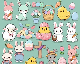 Cute Easter Clipart PNG | Kawaii Bunny, Chick & Egg Digital Download | Easter Sublimation, Stickers, Scrapbook, Invitations, Commercial Use
