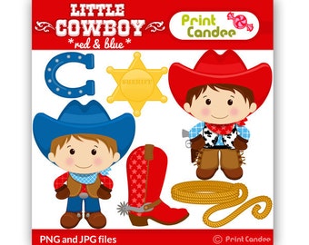 Little Cowboy (Red & Blue) - Digital Clip Art - Personal and Commercial Use -horse shoe, boot, sheriff badge, rope