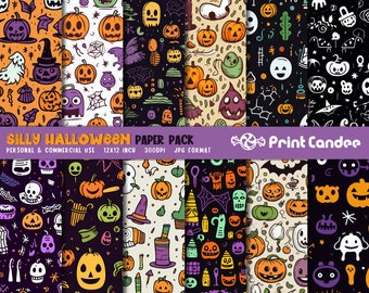 Silly Halloween Paper Pack (12 Sheets) - Personal and Commercial Use - doodles pumpkins ghosts monsters witch hat skulls seamless