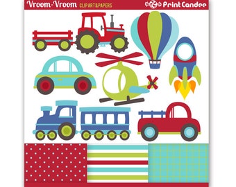 Vroom Vroom Transportation -  Digital Clip Art - Personal and Commercial Use - cars trucks helicopter tractor train