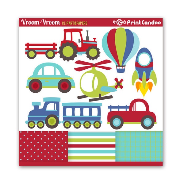 Vroom Vroom Transportation -  Digital Clip Art - Personal and Commercial Use - cars trucks helicopter tractor train