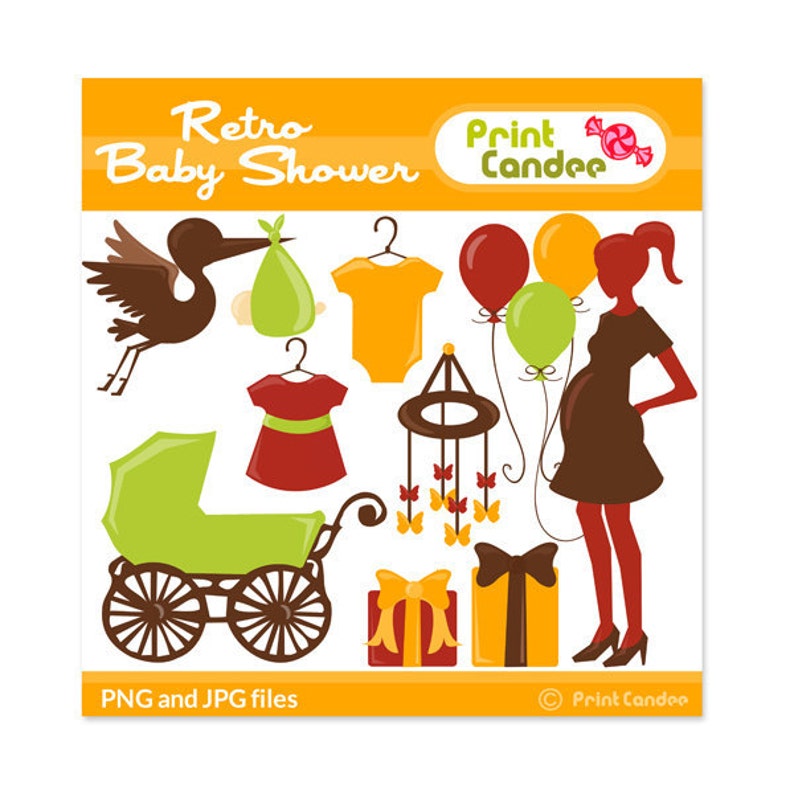 Baby shower rétro clipart numérique usage personnel et commercial enceinte, landau, cigogne, mobile image 1