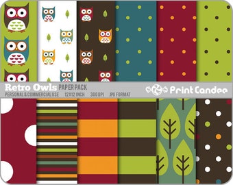 Retro Owl Paper Pack (12 Sheets) - Personal and Commercial Use - green blue maroon orange white dots stripes