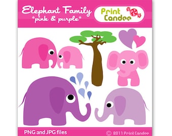 Elephant Family (Pink & Purple) - Digital Clip Art - Personal and Commercial Use