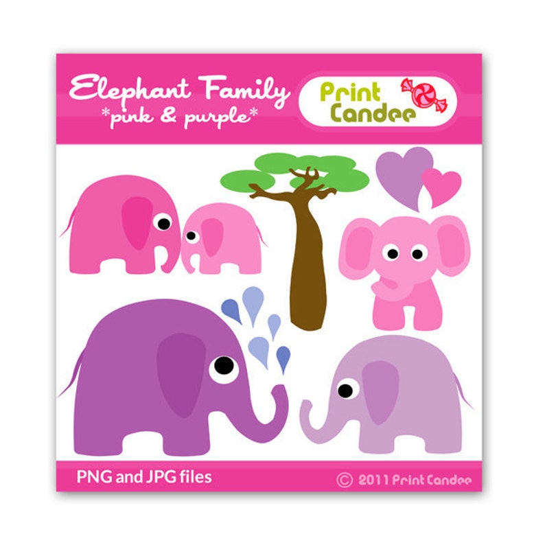 Elephant Family Pink & Purple Digital Clip Art Personal and Commercial Use image 1