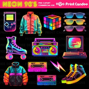 Téléchargement de cliparts png des années 90, néon des années 90, fête d'anniversaire des années 90, graphismes rétro, patins à roulettes, cassette, boom box, gameboy, rubik's cube