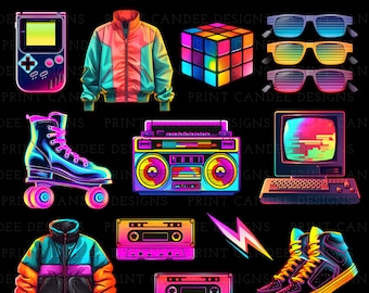 90s png Clipart Download, Neon 90s, 90s birthday party, retro graphics, roller skates, cassette tape, boom box, gameboy, rubik's cube