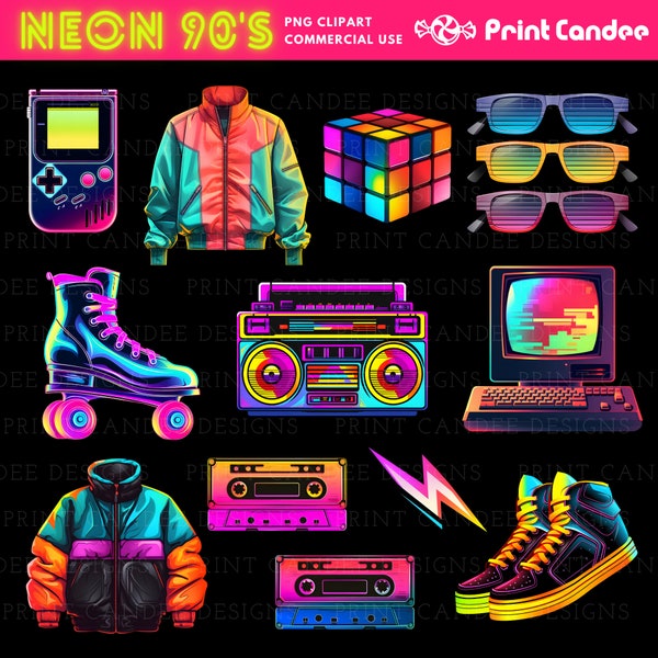 90s png Clipart Download, Neon 90s, 90s birthday party, retro graphics, roller skates, cassette tape, boom box, gameboy, rubik's cube