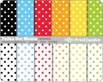 Polka Dot Mania Paper Pack (12 Sheets) -  Personal and Commercial Use - green blue red orange white yellow blackdots