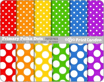 Primary Polka Dots Paper Pack (12 Sheets) - Personal and Commercial Use - rainbow white circles colorful