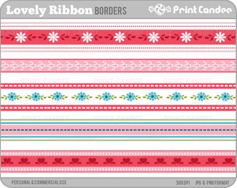 Lovely Ribbons - Personal and Commercial Use - digital clipart borders edges flowers hearts pink red blue