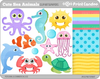 Cute Sea Animals - Digital Clip Art - Personal and Commercial Use - sea creatures fish octopus crab turtle