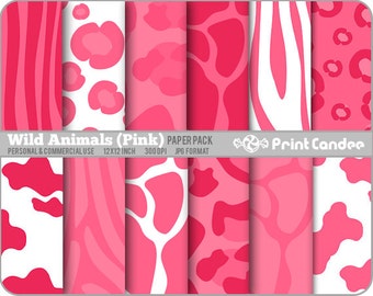 Wild Animals (Pink) Paper Pack (12 Sheets) - Personal and Commercial Use - jungle animal skin zebra leopard cow