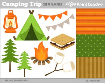 Camping Trip -  Digital Clip Art - Personal and Commercial Use - camp tent smores s'mores marshmallows fire pine tree