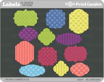 Labels in Colorful Pattern - Personal and Commercial Use - digital clipart clip art cute modern label journal tag retro