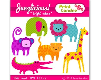 Junglicious (Bright Colors) - Digital Clip Art - Personal and Commercial - lion tiger giraffe alligator monkey elephant