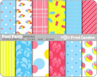 Pool Party Paper Pack (12 Sheets) - Personal and Commercial Use - red pink yellow turquoise beach fun flip flops