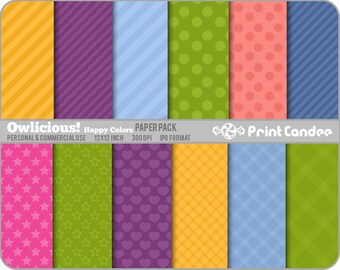 Owlicious (Happy Colors) Paper Pack (12 Sheets) - Personal and Commercial Use - polka dot hearts tartan stripe plaid