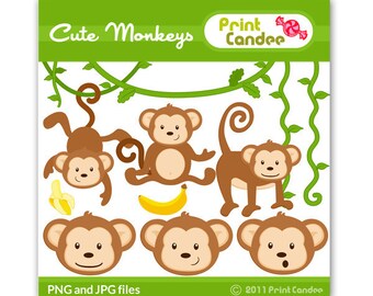Cute Monkeys - Digital Clip Art - Personal and Commercial Use - jungle monkey vine banana cute animals nursery pattern