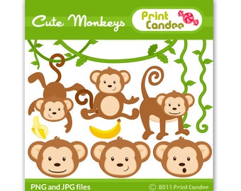 Cute Monkeys - Digital Clip Art - Personal and Commercial Use - jungle monkey vine banana cute animals nursery pattern