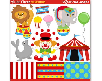 At the Circus - Digital Clip Art - Personal and Commercial Use - circus clown lion elephant tent