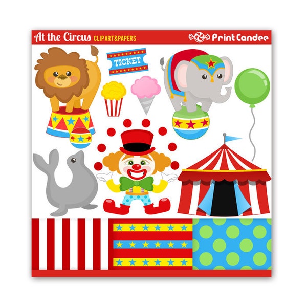 At the Circus - Digital Clip Art - Personal and Commercial Use - circus clown lion elephant tent