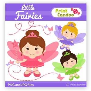 May include: Three cartoon fairies with wings and wands. The fairies are wearing pink, purple, and green dresses. The text "little fairies" is at the top of the image. The text "Print Cander" is at the top right of the image.